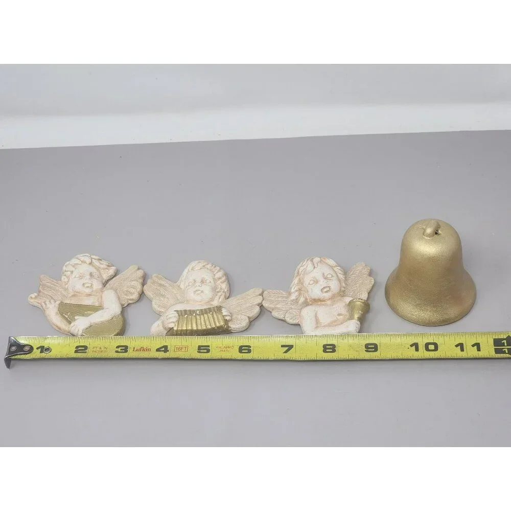 Set Of‎ 3 Angel Figurines With Golden Bell Holder Wall Decor